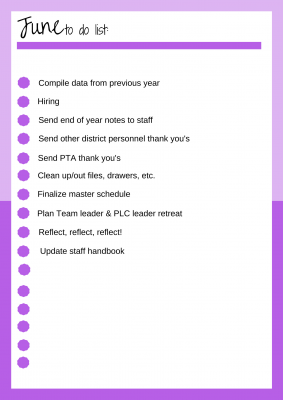 5 things a principal can do this summer for 17-18 ...also, principal checklists! #leadership Summer has either already begun for you, or is JUST around the corner. June is my "close it up month" that I spend wrapping a big red bow around our 16-17 school year, so that in July, after my extremely welcomed week off, I can move forward with all of my 17-18 plans. I'm also a big fan of checklists...there's just something that makes me feel that much more accomplished when I can scratch something off of a list. :)